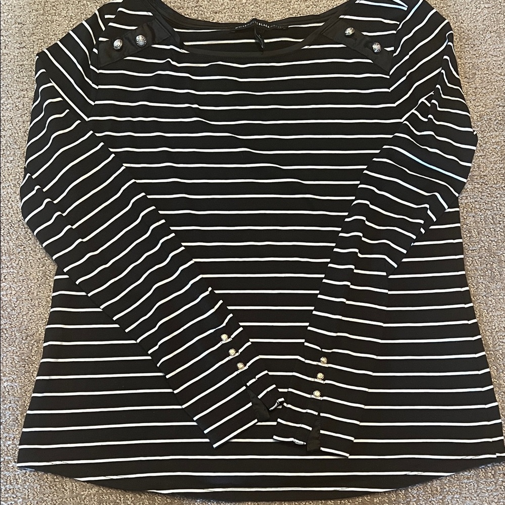 Black & White Striped Long-Sleeve Top with Button Detail